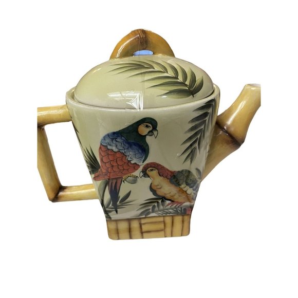 Pacific Rim Ceramic Tea Pot‎ Hand Painted Parrots Palm Trees Bamboo 8.5" - Picture 2 of 11